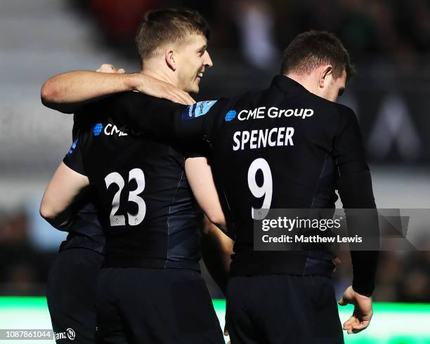 David Strettle of Saracens is congratulated on his try during the Gallagher Premiership Rugby match between Saracens and Worcester Warriors at...