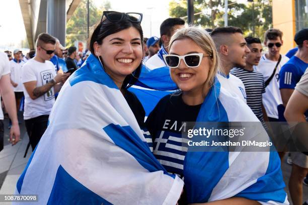 Greek supporters show their support for Stefanos Tsitsipas of Greece ahead of his Semi Final match against Rafael Nadal of Spain during day 11 of the...