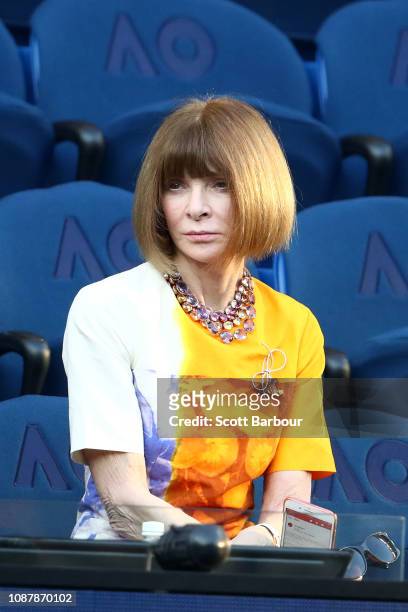 Anna Wintour sits in the stands at Rod Laver Arena ahead of the Men's Singles Semi Finals match between Rafael Nadal of Spain and Stefanos Tsitsipas...