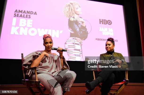 Comedian Amanda Seales and moderator/radio personality Angela Yee attend HBO's "I Be Knowin'" NYC Screening with Amanda Seales at The Roxy Hotel...