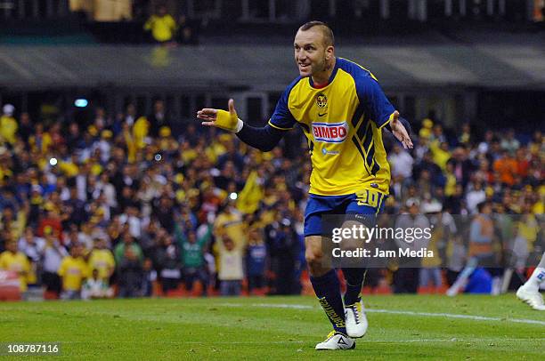 Matias Vuoso of America celebrates a scored goal during the match against San Luis as part of the Clausura 2011 Tournament in the Mexican Football...
