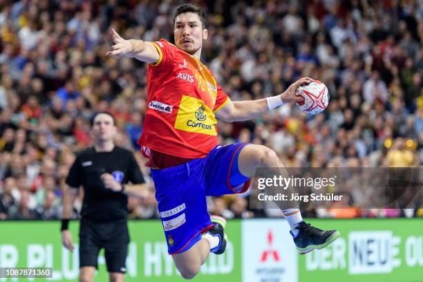 Alex Dujshebaev Dovichebaeva of Spain throws a ball during the Main Group 1 match on the 26th IHF Men's World Championship between Germany and Spain...