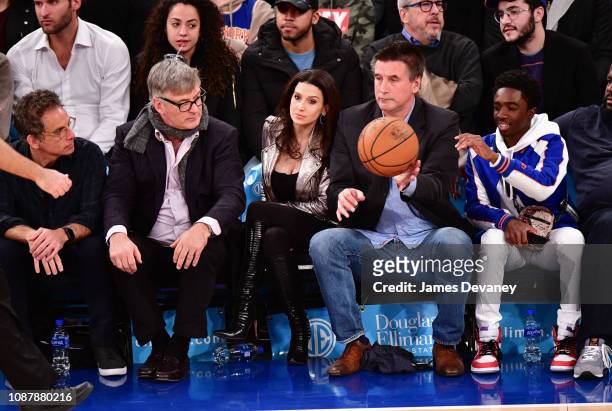 Ben Stiller, Alec Baldwin, Hilaria Baldwin, Billy Baldwin and Caleb McLaughlin attend Houston Rockets v New York Knicks game at Madison Square Garden...