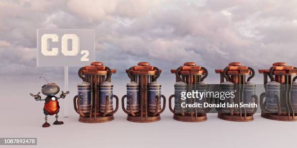 carbon capture concept with futuristic robot and co2 cylinders to hold the global warming gas - carbon capture stock pictures, royalty-free photos & images