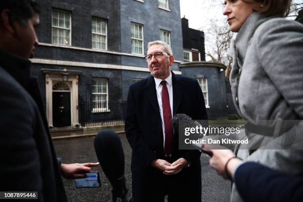 Len McCluskey, General Secretary of Unite the Union is interviewed by media outside 10 Downing Street following his talks with UK Prime Minister...