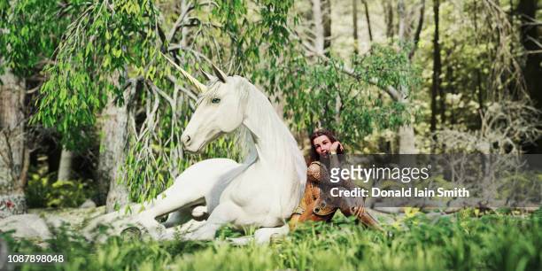 fantasy woman sitting in woods with unicorn - einhorn wald stock-fotos und bilder