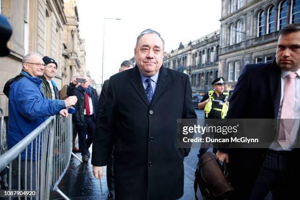 Alex Salmond, former First Minister of Scotland arrives at Edinburgh Sheriff Court after being arrested and charged by police yesterday on January 24...