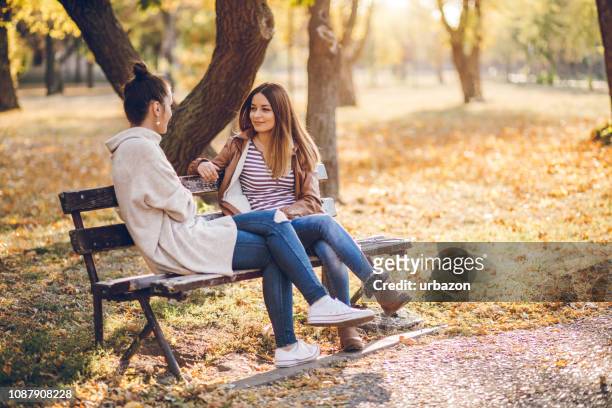 talking on bench - park bench stock pictures, royalty-free photos & images