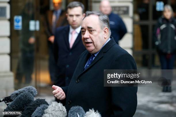 Alex Salmond, former First Minister of Scotland speaks to the media as he leaves Edinburgh Sheriff Court after being arrested and charged by police...