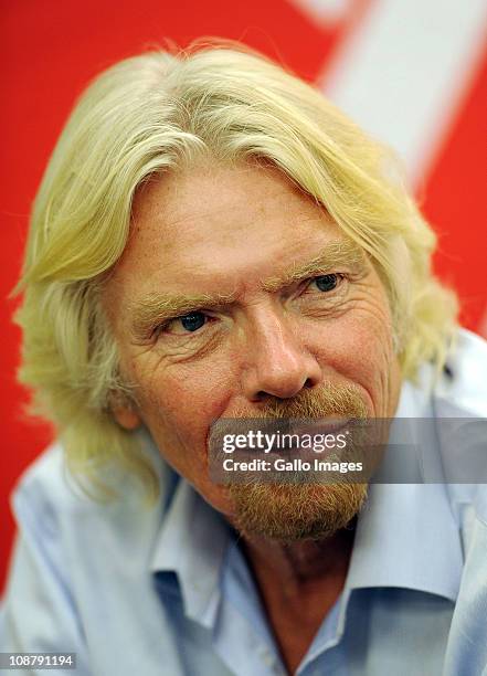 Sir Richard Branson speaks to the media during a press conference at Virgin Active Health Club's Boulders gym in Midrand on February 2, 2011 in...