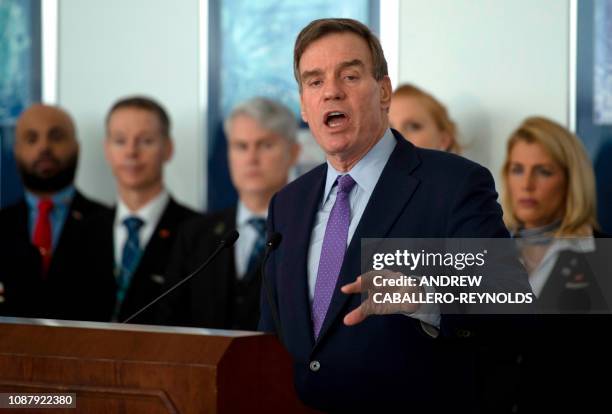 Senator Mark Warner, Democrat of Virginia, speaks during a press conference on aviation safety during the shutdown, as he is joined by airline...