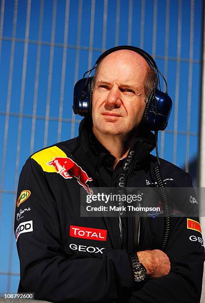 Chief technical officer Adrian Newey on the pit wall during day three of winter testing at the Ricardo Tormo Circuit on February 3, 2011 in Valencia,...