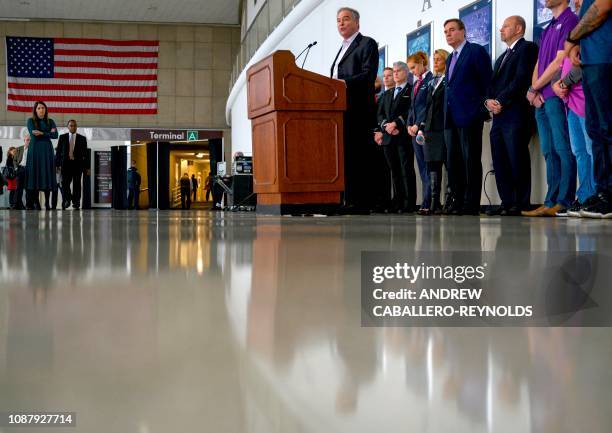 Senator Tim Kaine, Democrat of Virginia, speaks during a press conference on aviation safety during the shutdown, as he is joined by airline...