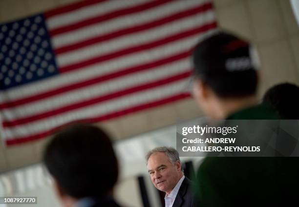 Senator Tim Kaine, Democrat of Virginia, speaks during a press conference on aviation safety during the shutdown, as he is joined by airline...