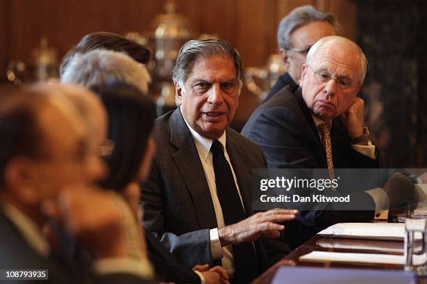 Of TATA, Ratan Tata speaks during a meeting of the 'UK-India CEO Forum, chaired by British Prime Minister David Cameron, at 10 Downing Street on...