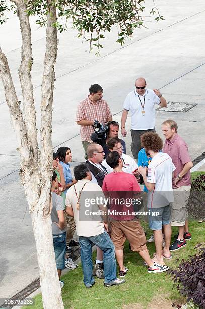 Marco Simoncelli of Italy and San Carlo Honda Gresini speaks with journalists after the third day of testing at Sepang Circuit on February 3, 2011 in...