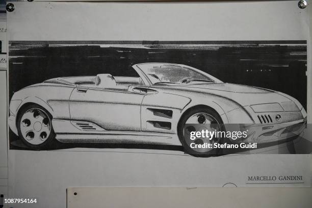 Detail of a drawing by Marcello Gandini during the exhibition dedicated to Marcello Gandini the hidden genius at the Museo Nazionale dell'Automobile...