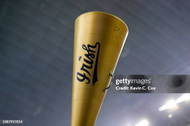Detail view of a megaphone held up by the Notre Dame Fighting Irish cheerleaders during the College Football Playoff Semifinal Goodyear Cotton Bowl...