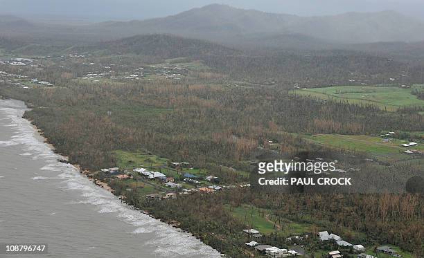 This aerial view shows the coastal area of Mission Beach after Cyclone Yasi, on February 3, 2011. Australia's biggest cyclone in a century shattered...