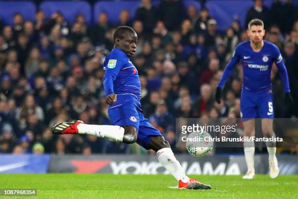 Golo Kante of Chelsea scores his sides first goal during the Carabao Cup Semi-Final Second Leg match between Chelsea and Tottenham Hotspur at...