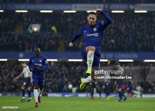 Eden Hazard of Chelsea celebrates after scoring his sides second goal during the Carabao Cup Semi-Final Second Leg match between Chelsea and...