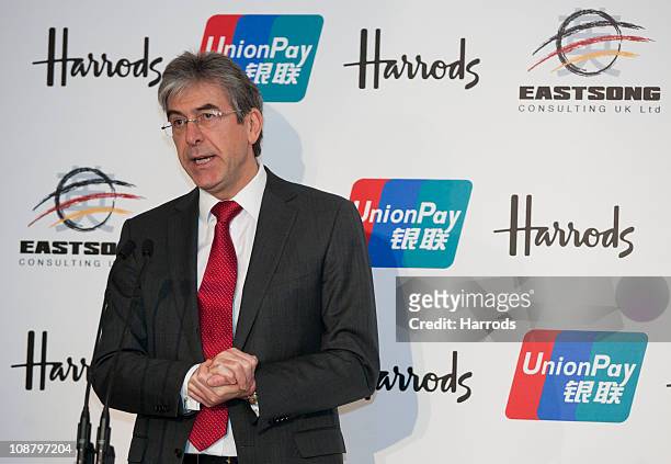 Harrods Managing Director Michael Ward, speaks during a press conference to announce Harrods accepting UnionPay debit cards on February 3, 2011 in...