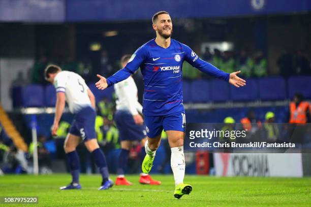 Eden Hazard of Chelsea celebrates scoring his sides second goal during the Carabao Cup Semi-Final Second Leg match between Chelsea and Tottenham...