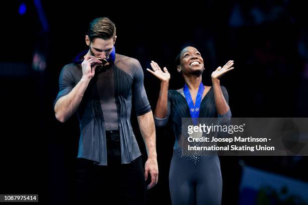Vanessa James and Morgan Cipres of France react in the Pairs medal ceremony during day two of the ISU European Figure Skating Championships at Minsk...