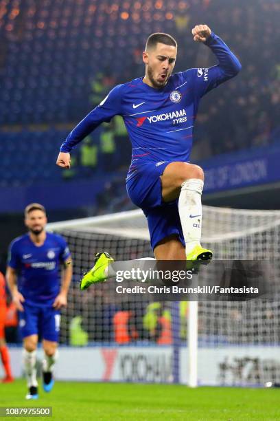 Eden Hazard of Chelsea celebrates scoring his sides second goal during the Carabao Cup Semi-Final Second Leg match between Chelsea and Tottenham...