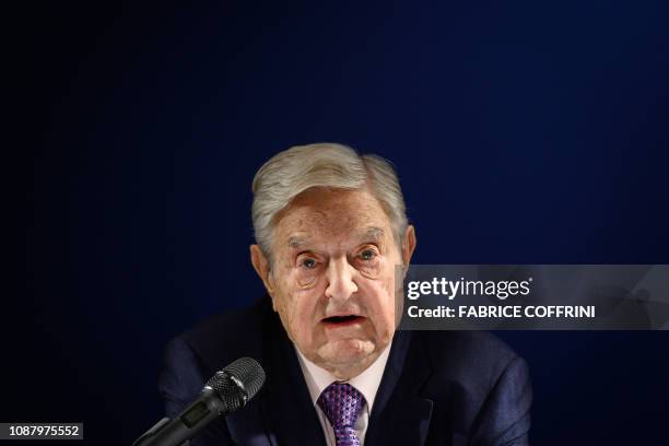 Hungarian-born US investor and philanthropist George Soros delivers a speech on the sideline of the World Economic Forum annual meeting, on January...