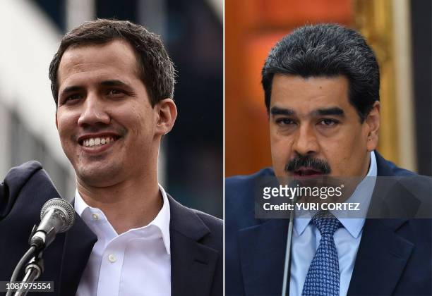 This combination of pictures created on January 24, 2019 shows Venezuela's National Assembly head Juan Guaido waving to the crowd during a mass...
