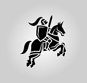 Medieval knight with sword and shield on a horse