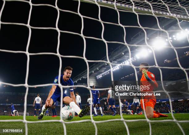 Cesar Azpilicueta of Chelsea celebrates as Ngolo Kante of Chelseascores his sides first goal during the Carabao Cup Semi-Final Second Leg match...