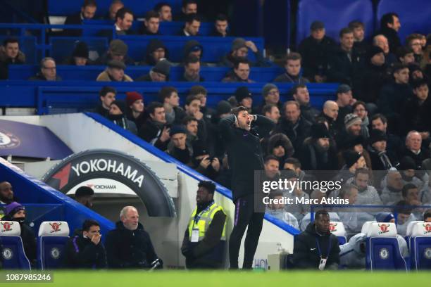 Mauricio Pochettino, Manager of Tottenham Hotspur reacts during the Carabao Cup Semi-Final Second Leg match between Chelsea and Tottenham Hotspur at...