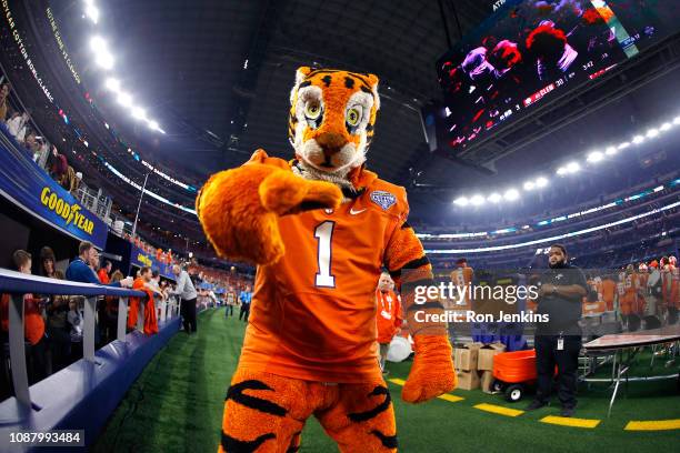 The Clemson Tigers mascot reacts on the sideline in the second half against the Notre Dame Fighting Irish during the College Football Playoff...