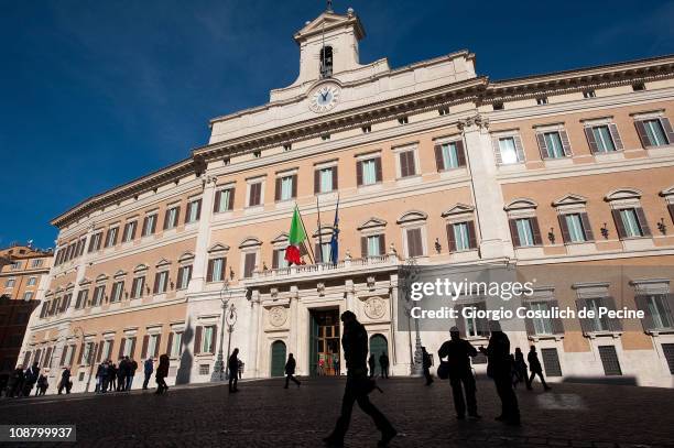 View of the main facade of the Italian Parliament, Palazzo Montecitorio, on February 3, 2011 in Rome, Italy. Parliament will decide from 6pm today on...