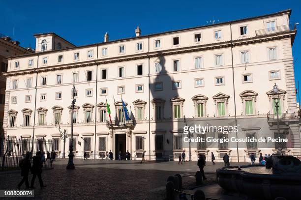 View of the main facade of the Palazzo Chigi on February 3, 2011 in Rome, Italy. Palazzo Chigi has been the seat of the Italian government since...