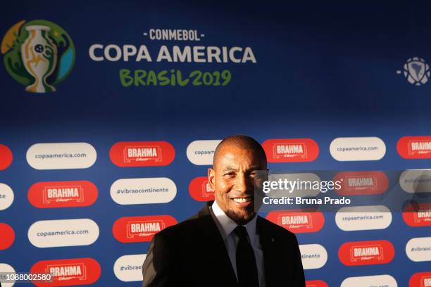 Former Brazilian National Team player Mauro Silva smiles during the the Copa America 2019 Official Draw at Cidade das Artes on January 24, 2019 in...