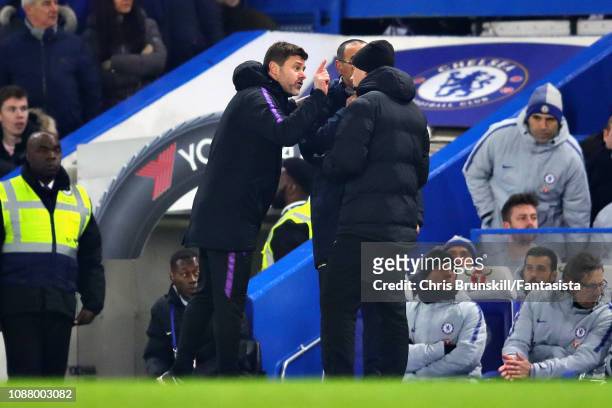 Manager of Tottenham Hotspur Mauricio Pochettino, argues with Chelsea manager Maurizio Sarri during the Carabao Cup Semi-Final Second Leg match...
