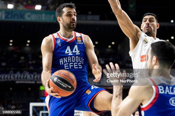 Gustavo Ayon of Real Madrid and Krunoslav Simon of Anadolu Efes Istanbul during Turkish Airlines Euroleague match between Real Madrid and Anadolu...