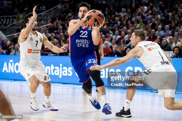 Facundo Campazzo and Fabien Causeur of Real Madrid and Vasilije Micic of Anadolu Efes Istanbul during Turkish Airlines Euroleague match between Real...
