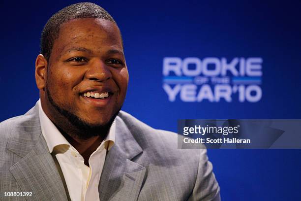 Ndamukong Suh of the Detroit Lions speaks during a press conference where he accepted Pepsi's 2010 NFL Rookie of the Year Award at the Super Bowl XLV...