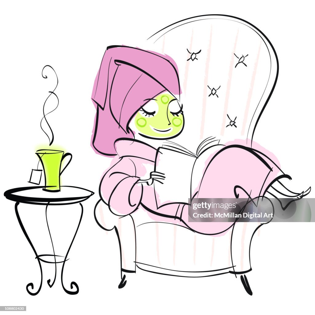 Woman with facial mask reading book