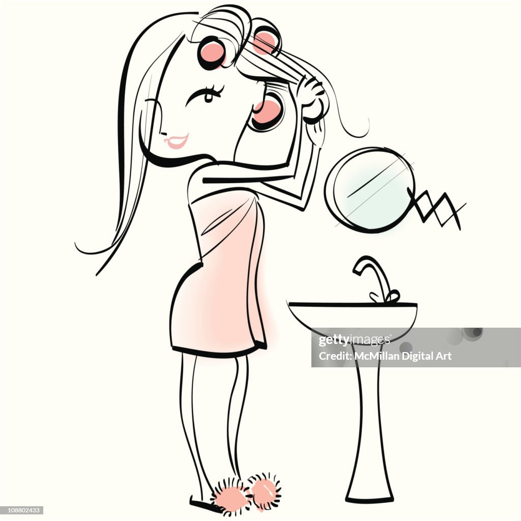 Woman putting curlers in hair