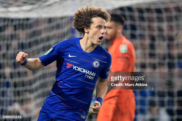 David Luiz of Chelsea celebrates scoring the winning penalty during the Carabao Cup Semi-Final Second Leg match between Chelsea and Tottenham Hotspur...