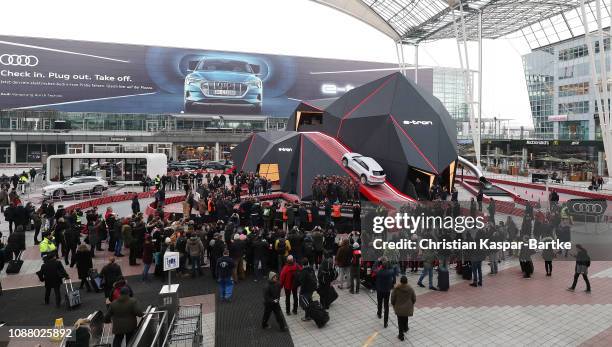 The players of Bayern Munich and Bayern Munich and Audi officials pose for the press at Airport Munich on January 24, 2019 in Munich, Germany. FC...