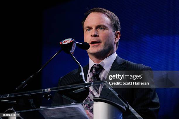 Brian McCarthy of the NFL speaks during the Bridgestone Super Bowl XLV Halftime Show press conference at the Super Bowl XLV media center on February...