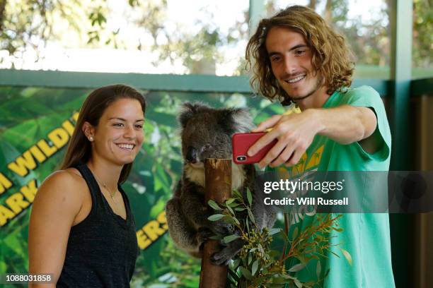 Maria Sakkari and Stefanos Tsitsipas of Greece take selfies with a koala at Caversham Wildlife Centre during day two of the 2019 Hopman Cup at RAC...