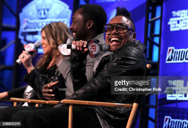 Fergie, will.i.am and apl.de.ap of the Black Eyed Peas speak at the Bridgestone Super Bowl XLV Halftime Show press conference on February 3, 2011 in...