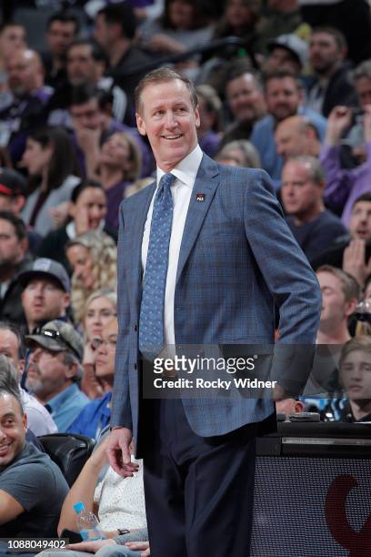 Head coach Terry Stotts of the Portland Trail Blazers looks on during the game against the Sacramento Kings on January 14, 2019 at Golden 1 Center in...